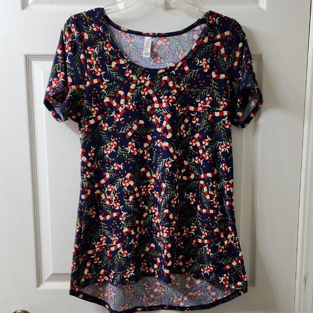 LuLaRoe Navy Candy Cane Short Sleeve Top
